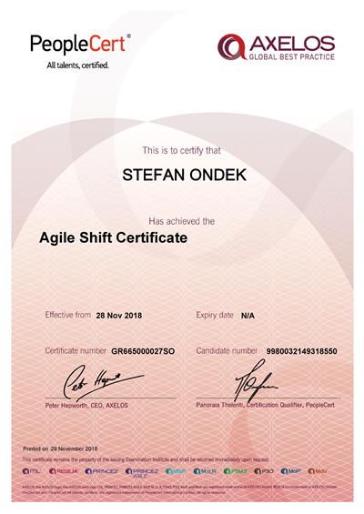 Certifikát AgileSHIFT Štefan Ondek