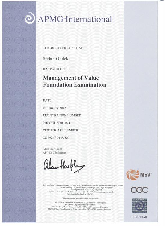 certifikát MoV - Management of Value - Foundation