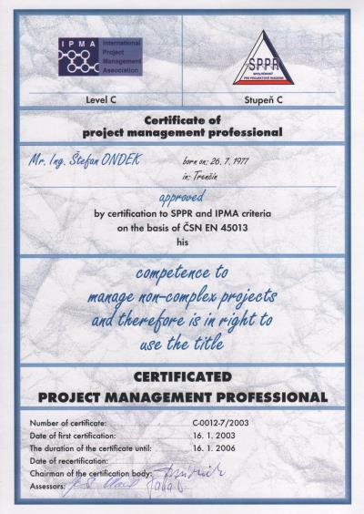 certifikát IPMA C Štefan Ondek