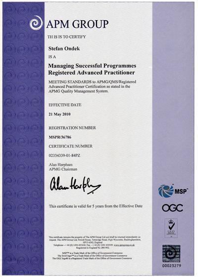 certifikát MSP Registered Advanced Practitioner Štefan Ondek