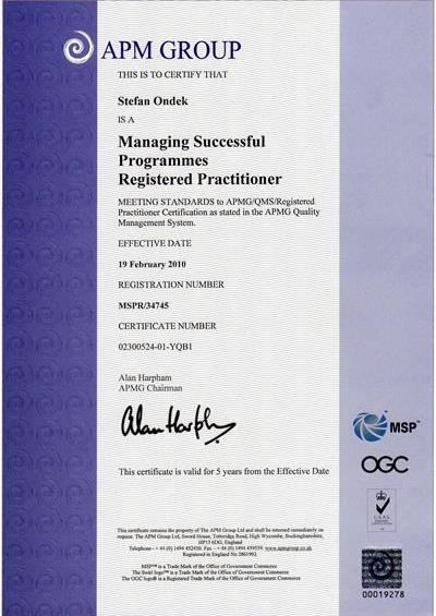certifikát Managing Successfull Programmes Practitioner Štefan Ondek
