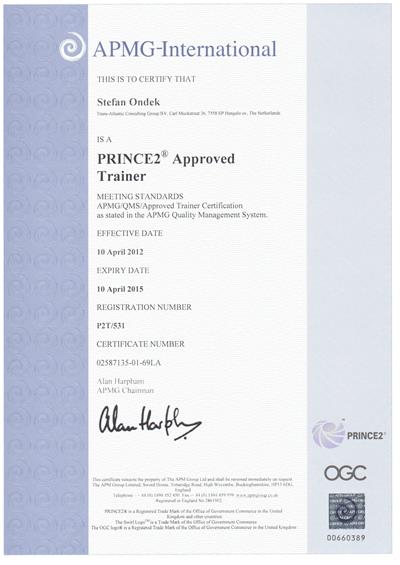 certifikát PRINCE2 Approved Trainer 2012-2015