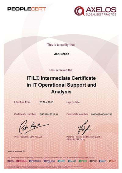 certifikát ITIL OSA Jan Brada