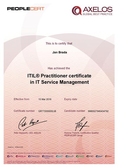 certifikát ITIL Practitioner Jan Brada