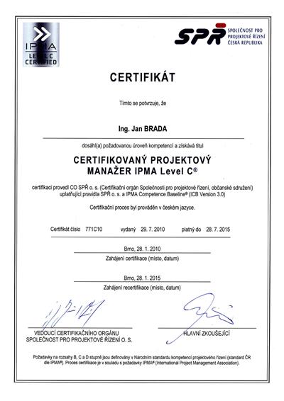 Certifikát IPMA C Jan Brada