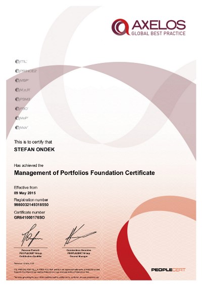 MoP Foundation certifikát Štefan Ondek