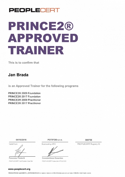 certifikát PRINCE2 Approved Trainer Jan Brada