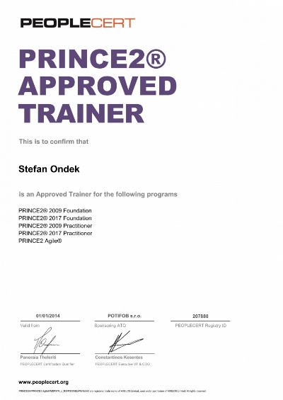 PRINCE2 Approved Trainer certifikát Štefan Ondek