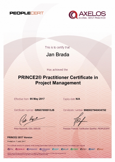 PRINCE2 Practitioner 2017 certifikát Jan Brada