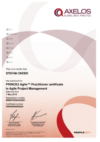 PRINCE2 Agile Practitioner certifikát Štefan Ondek
