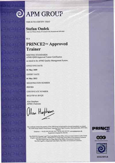 certifikát PRINCE2 Approved Trainer 2009-2012